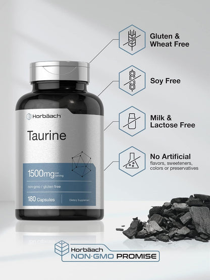 Horbäach Taurine 1500mg | 180 Capsules | Amino Acid Supplement | Non-GM and Gluten free