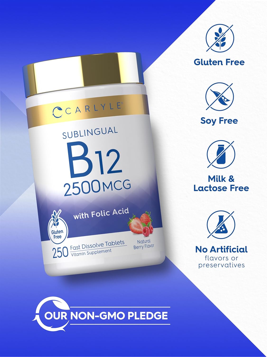 Carlyle Vitamin B12 Sublingual 2500 mcg - 250 Fast Dissolve Tablets - Cyanocobalamin with Folic Acid, Natural Berry Flavour - görsel 5