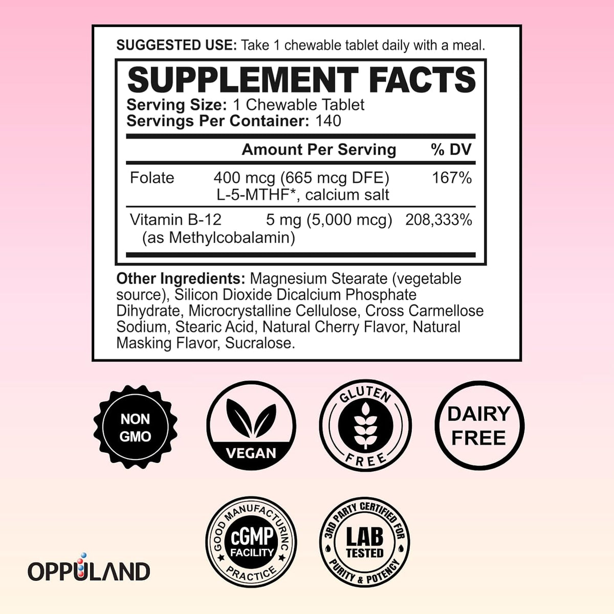 Oppuland Methyl B-12 5000mcg with Folate - – Supports energy metabolism, nerve function, and brain health – Image 7