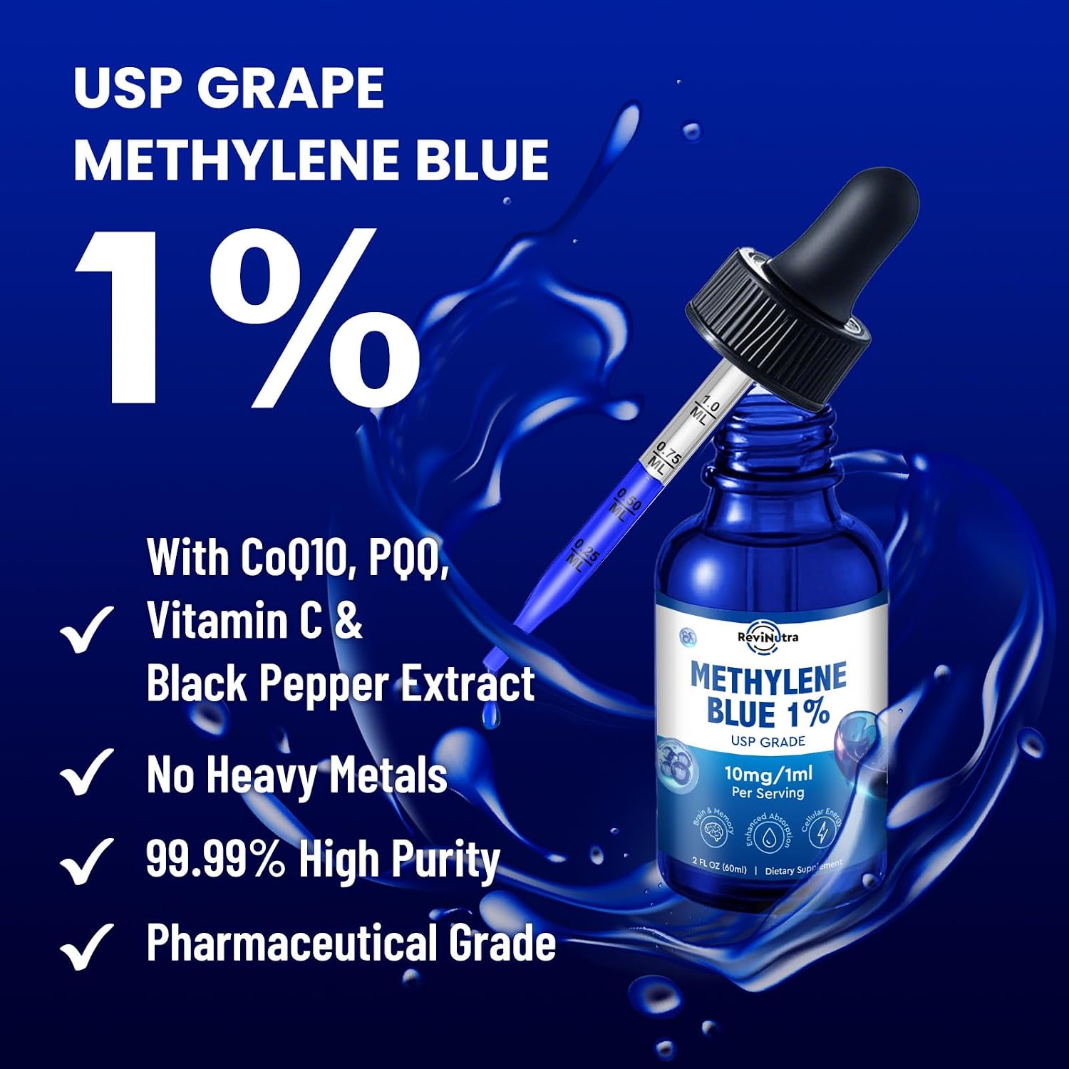 ReviNutra Methylene Blue Drops, USP Grade 1% with PQQ, CoQ10, Vitamin C & Piperine, 59 mL - görsel 4