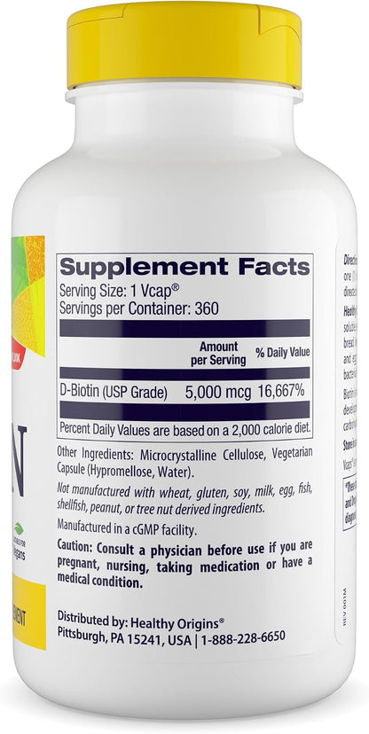 Healthy Origins Biotin 5,000 mcg (5 mg), 360 Vegie Capsules