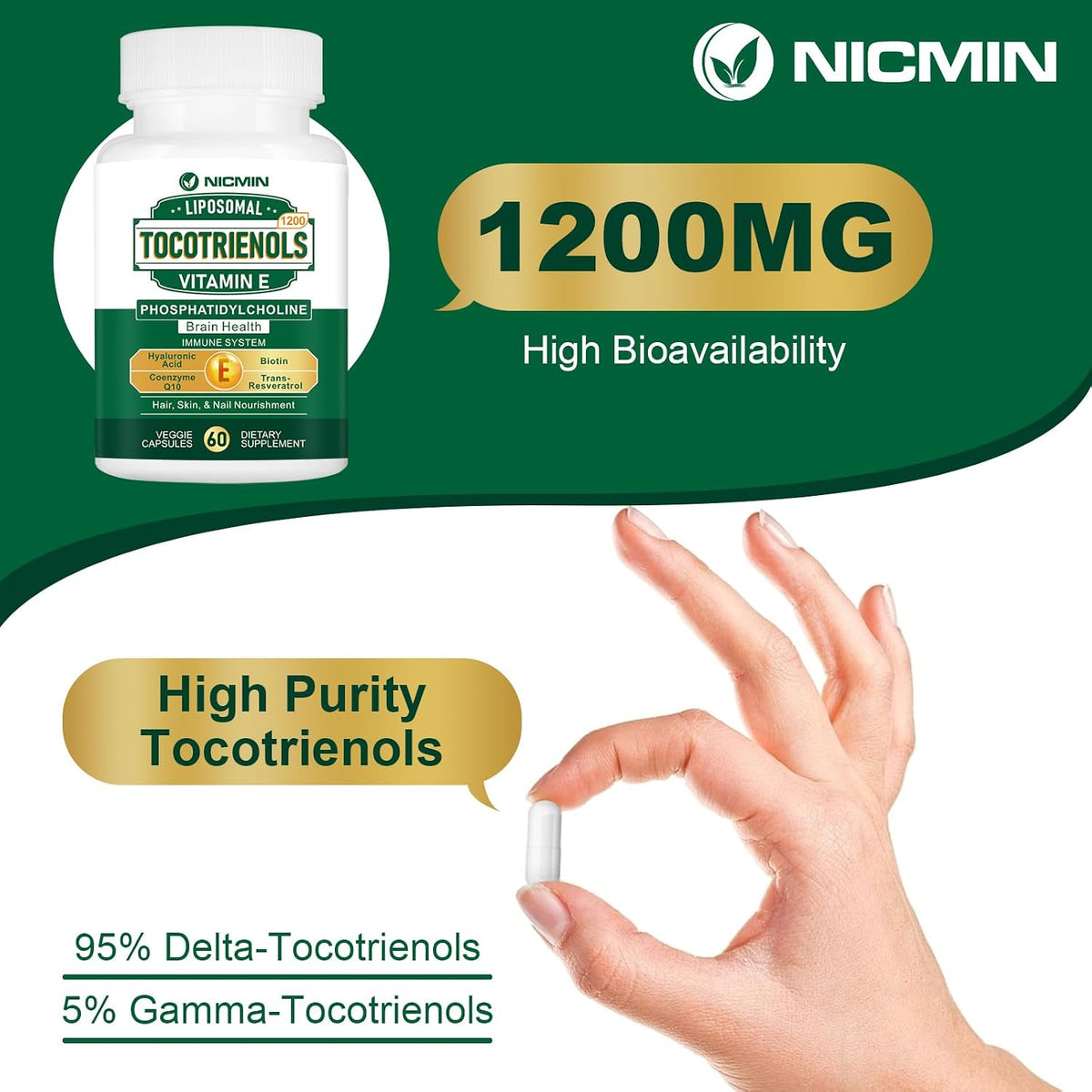 NICMIN Liposomal Vitamin E Tocotrienols 1200mg - High Absorption Supplement with Phosphatidylcholine, CoQ10, and Hyaluronic – Image 5