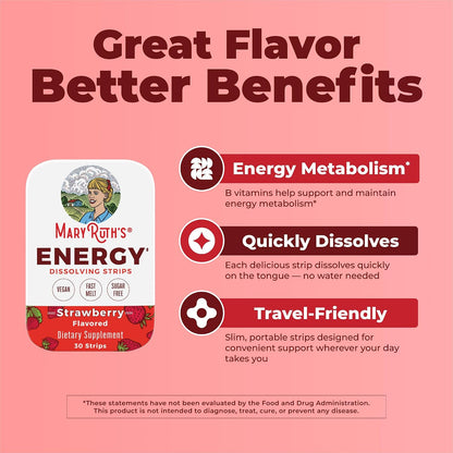 MaryRuth's Energy Dissolving Strips - B Vitamin Complex for Energy Metabolism, Strawberry, 30 Count – Image 4