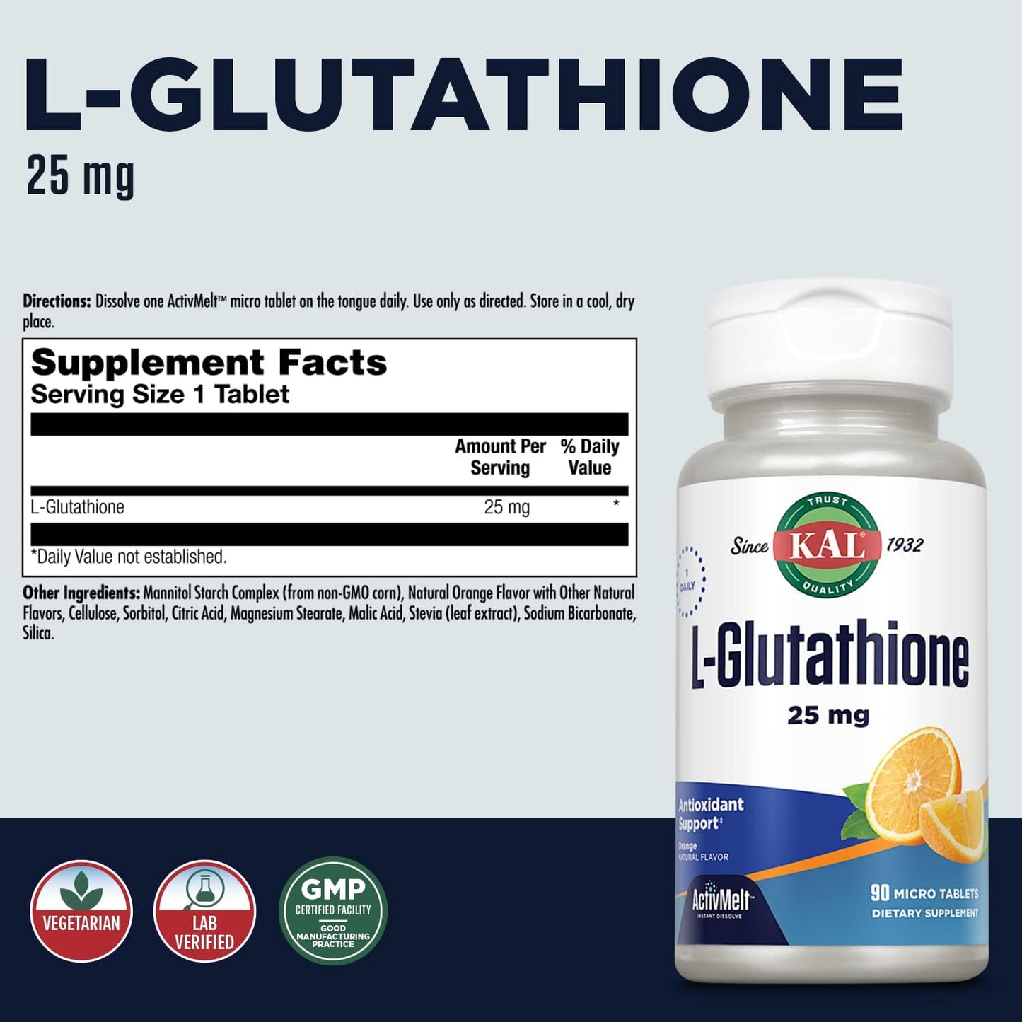KAL L-Glutathione, Reduced Glutathione Supplement, High Absorption Antioxidant, Orange Flavour Instant Dissolve ActivMelt, Vegetarian, Lab Verified, 90 Servings, 90 Micro Tablets - görsel 2