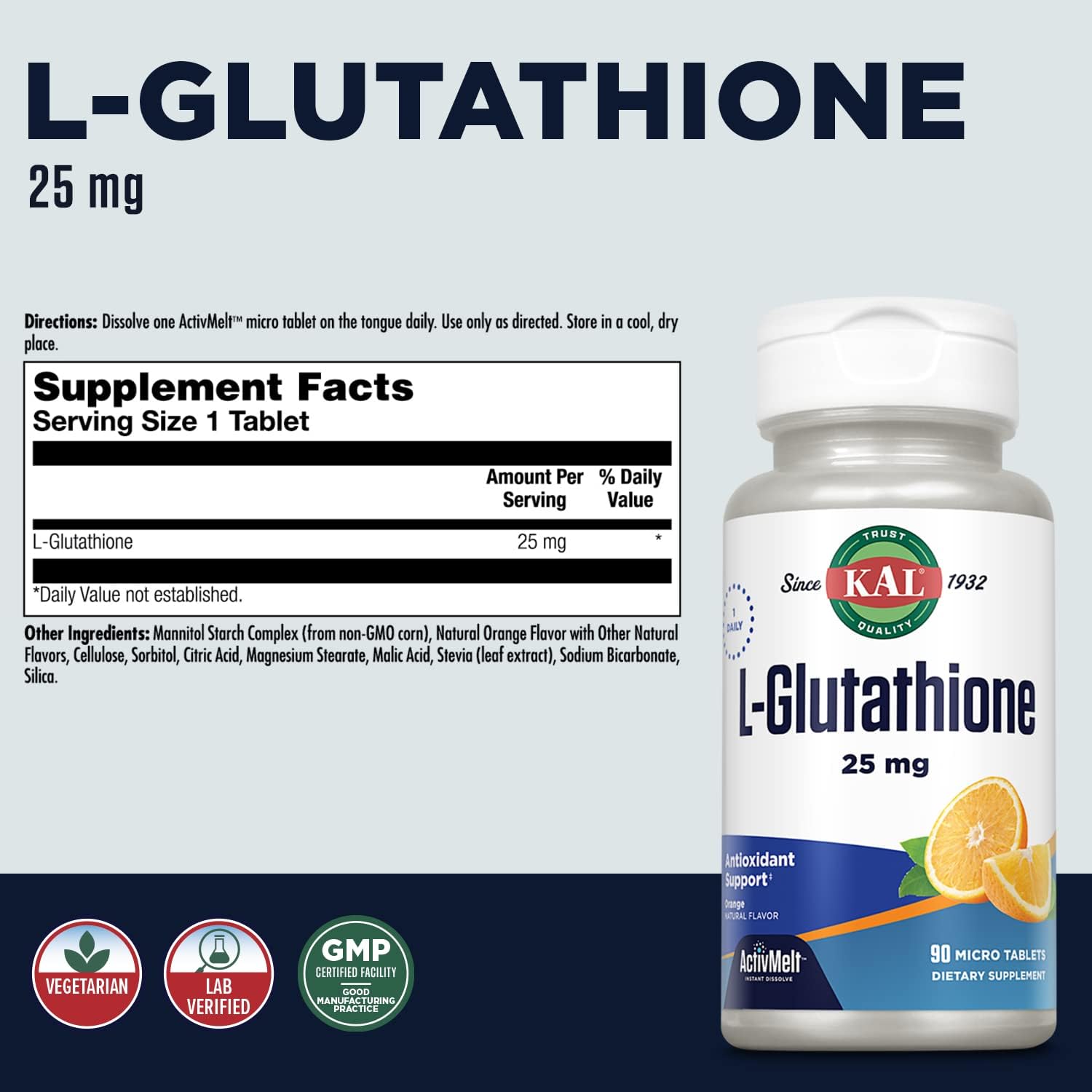 KAL L-Glutathione, Reduced Glutathione Supplement, High Absorption Antioxidant, Orange Flavour Instant Dissolve ActivMelt, Vegetarian, Lab Verified, 90 Servings, 90 Micro Tablets - görsel 2