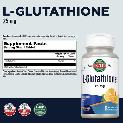 KAL L-Glutathione, Reduced Glutathione Supplement, High Absorption Antioxidant, Orange Flavour Instant Dissolve ActivMelt, Vegetarian, Lab Verified, 90 Servings, 90 Micro Tablets