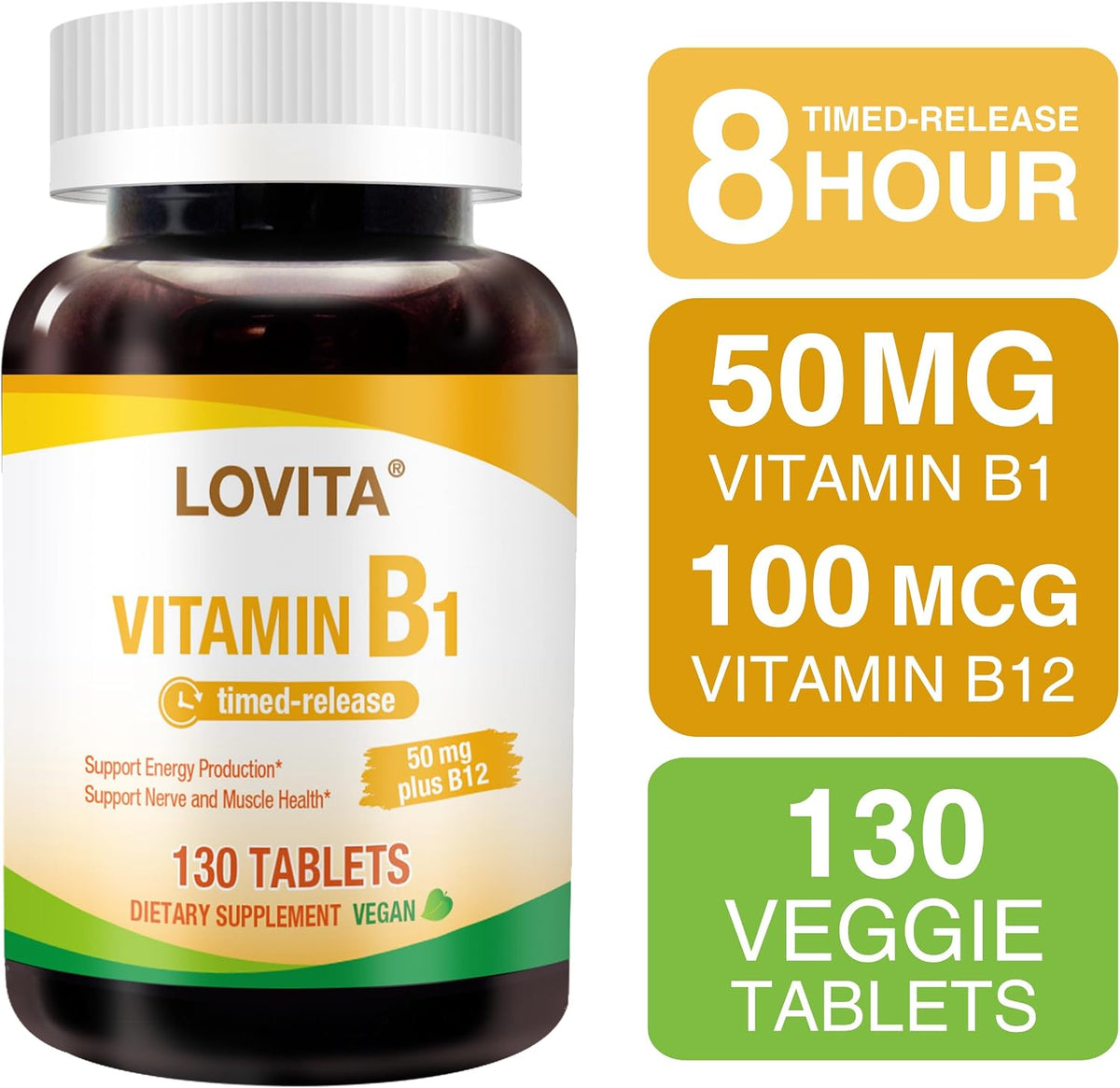 LOVITA Vitamin B1 (Thiamine) 50mg Timed-release – 8 Hour Sustained with B12, 130 Vegan Tablets – Image 3