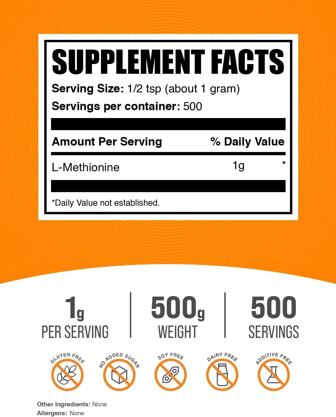 BulkSupplements.com L-Methionine Powder - Amino Acids Nutritional Supplements, Choline Supplements, Antioxidants Supplement - Gluten free, 1 g per Serving, 500 g (Pack of 1) - görsel 2