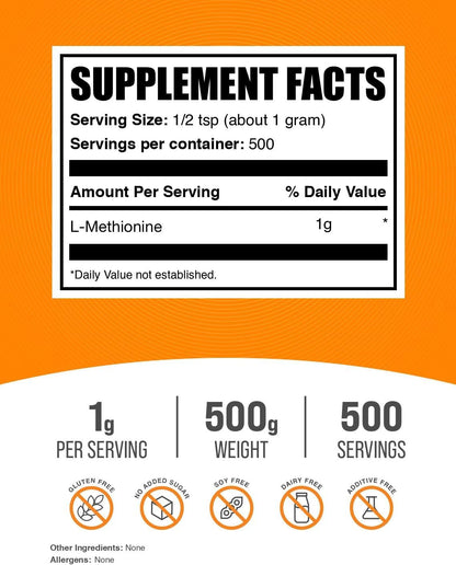 BulkSupplements.com L-Methionine Powder - Amino Acids Nutritional Supplements, Choline Supplements, Antioxidants Supplement - Gluten free, 1 g per Serving, 500 g (Pack of 1)