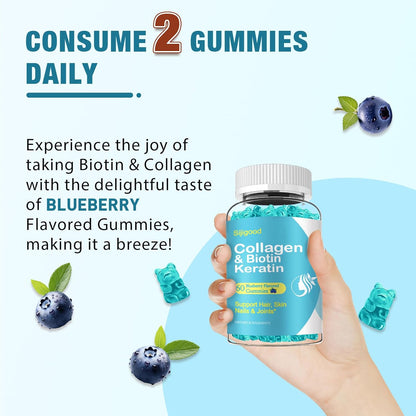 2 Pack Biotin Gummies with Collagen, Keratin, Hyaluronic Acid, Vitamin for Skin, Hair Growth, Nails, Women Men Adults Kids - Blueberry Flavoured, 120 Gummies