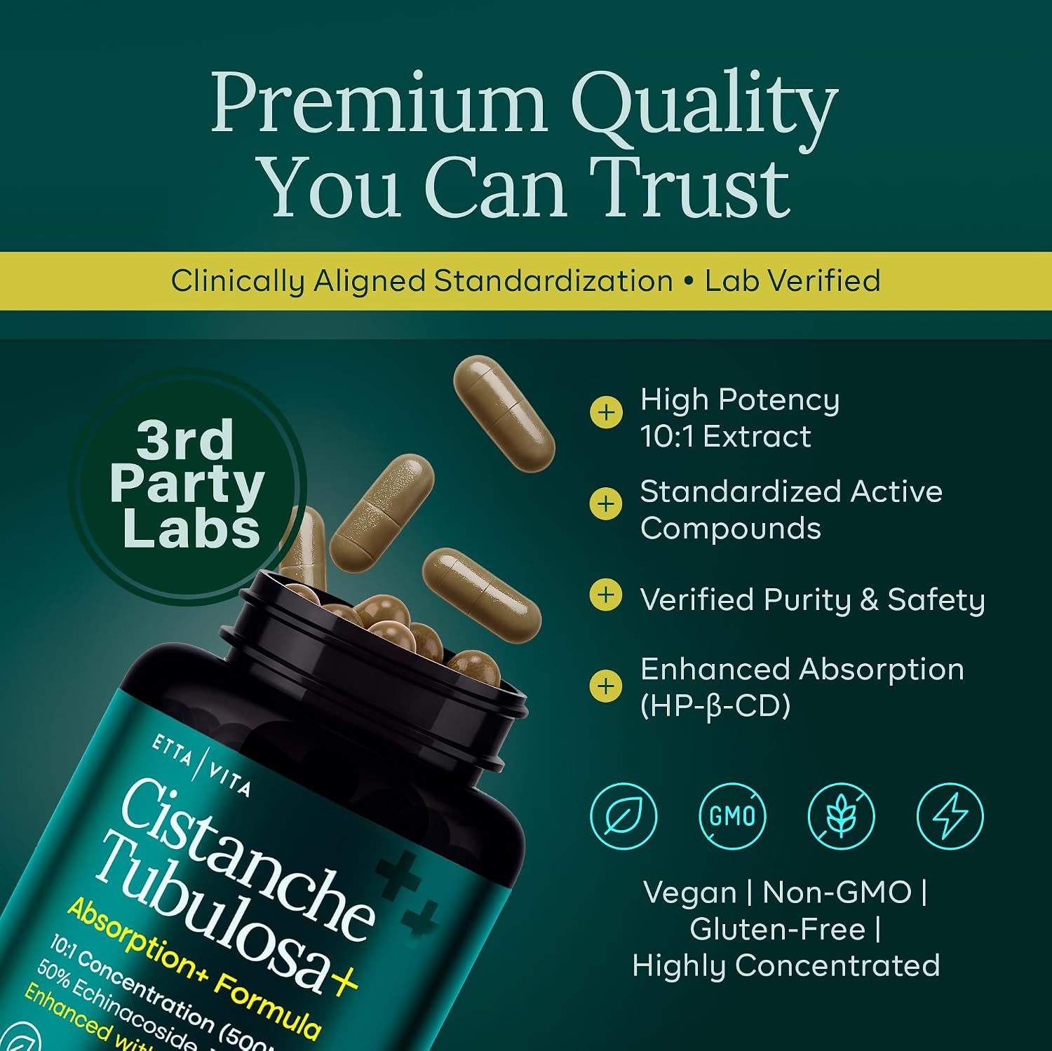 Potent Cistanche Tubulosa Capsules (500mg) – Standardised to 50% Echinacoside & 10% Acetoside – Supports Stress Response, Mood & Hormonal Balance for Men and Women's - görsel 3