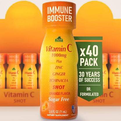 ALFA VITAMINS Vitamin C Shot 1000mg with Zinc, Ginger & Echinacea – Orange Flavour, 71 ml (40 Pack) – Image 1
