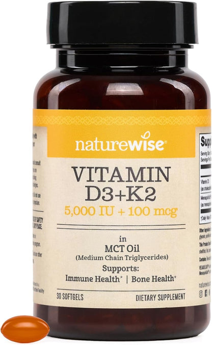 NatureWise Vegan Vitamin D3 + K2 with Organic Coconut MCT Oil - 5000 IU D3 + 100 mcg K2 - 30 Soft-gels
