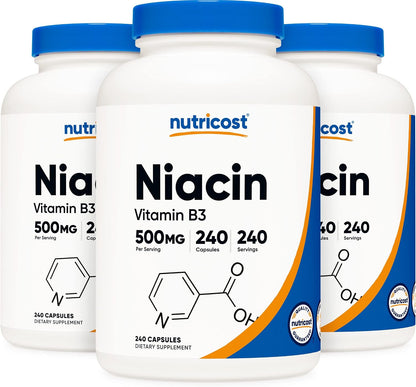 Nutricost Niacin (Vitamin B3) 500mg, 240 Capsules (3 Bottles) – Niacin Flush