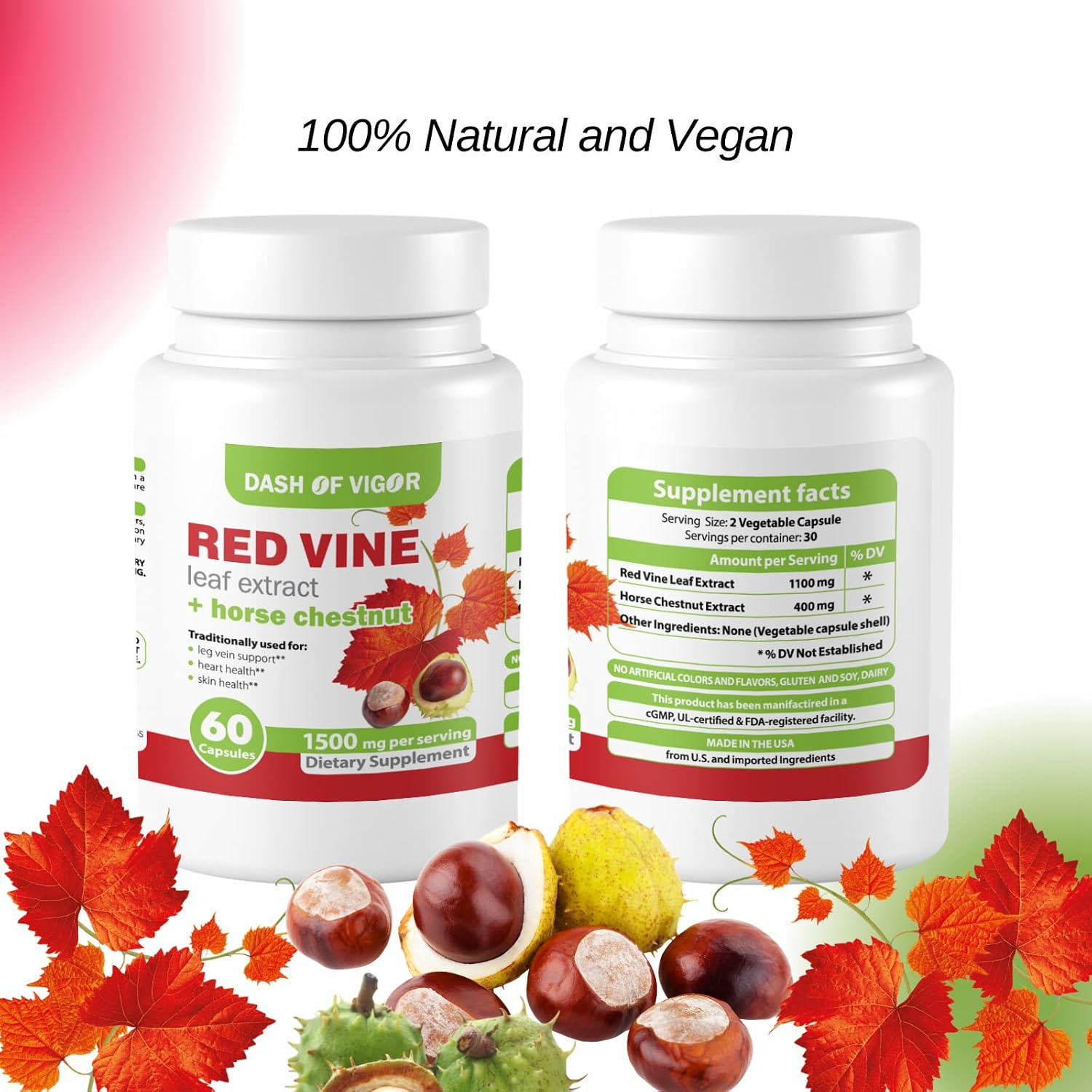 Dash of Vigour Red Vine Leaf Extract (Vitis vinifera) and Horse Chestnut Seed Extract, 1500 mg, 60 Capsules - görsel 4