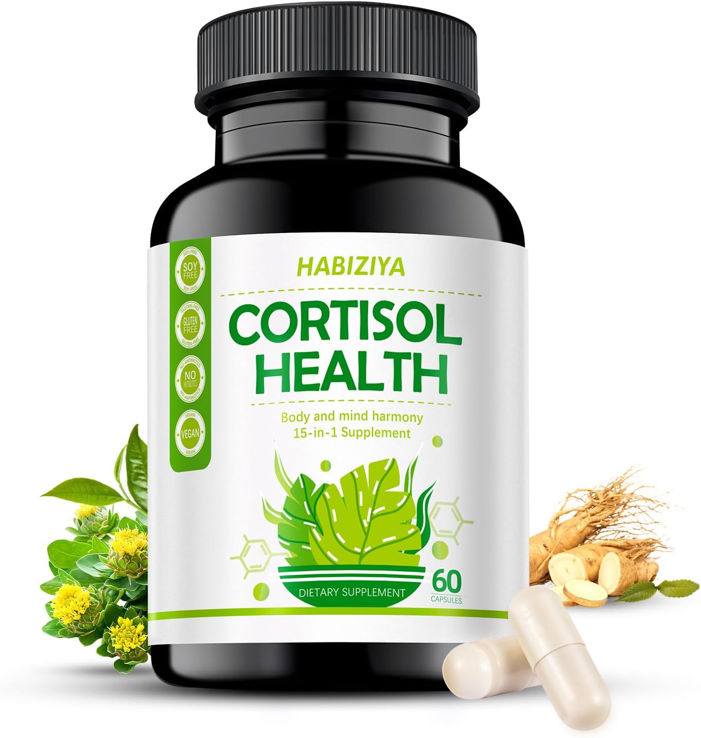 HABIZIYA Cortisol Support Supplement – 15-in-1 Hormone Balance with Magnesium Glycinate, Ashwagandha, L-Theanine – 60 Capsules - görsel 1