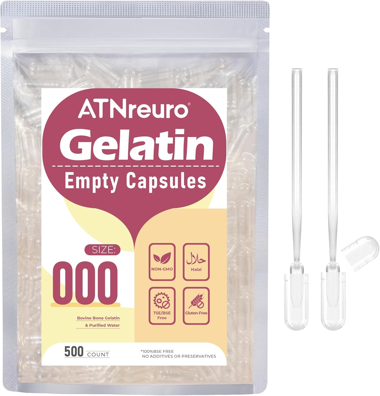 ATNreuro Empty Gelatine Capsules Size 000 (500 Count) with 2 Micro Spoons - görsel 1