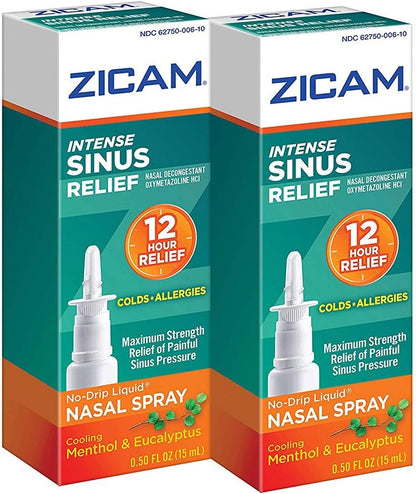 Zicam Intense Sinus Relief No-Drip Liquid Nasal Spray with Cooling Menthol & Eucalyptus, 15 mL (Twin Pack)