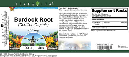 Burdock Root (Certified Organic) – 450 mg, 100 Capsules
