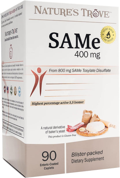 Nature's Trove SAM-e 400mg 90 Enteric Coated Caplets. Vegan, Kosher, Non-GM Project Verified, Soy-free, Gluten free - Cold Form Blister Packed.