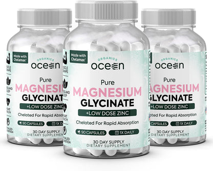 Organics Ocean Pure Magnesium Glycinate with Zinc – Chelated Magnesium for Sleep and Muscle Support – 6 Bottles
