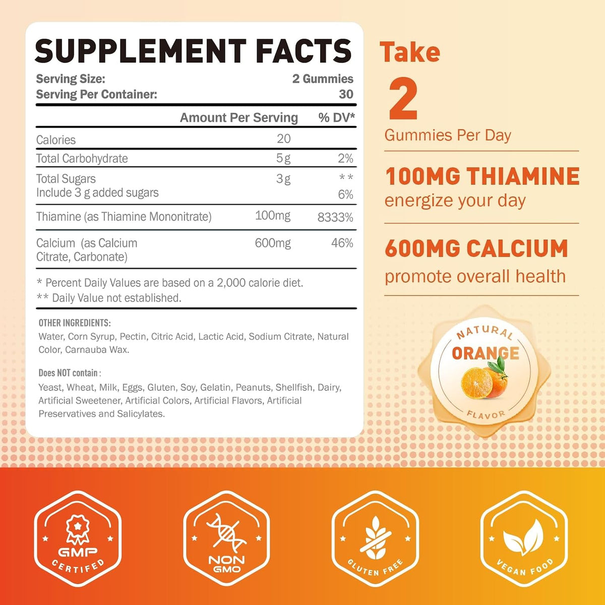 Joywiit Vitamin B1 Gummies 100mg with Calcium – Thiamine Supplement for Nervous System Support & Energy – Orange Flavour – – Image 2