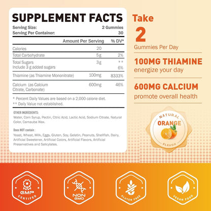 Joywiit Vitamin B1 Gummies 100mg with Calcium – Thiamine Supplement for Nervous System Support & Energy – Orange Flavour – – Image 2