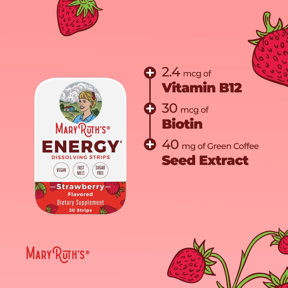 MaryRuth's Energy Dissolving Strips - B Vitamin Complex for Energy Metabolism, Strawberry, 30 Count – Image 7