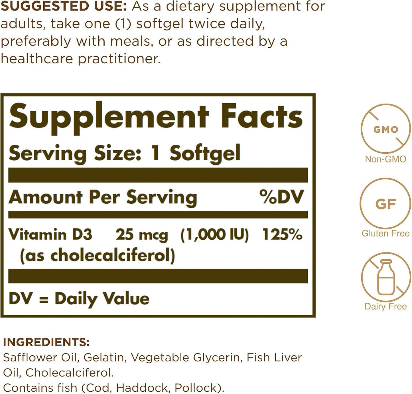 Solgar Vitamin D3 (Cholecalciferol) 1,000 IU Softgels, 250 Count - görsel 2