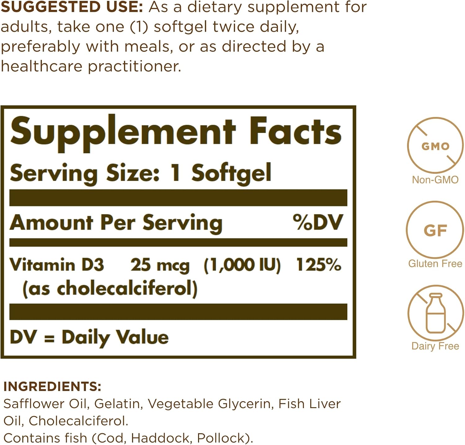 Solgar Vitamin D3 (Cholecalciferol) 1,000 IU Softgels, 250 Count - görsel 2