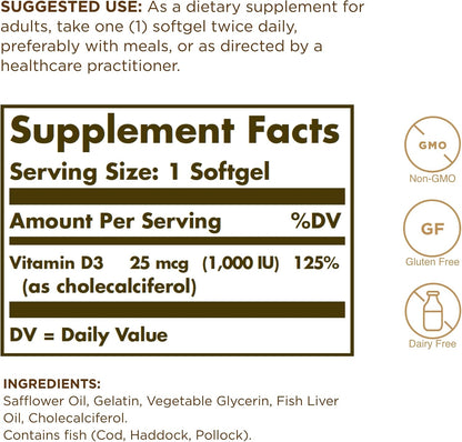 Solgar Vitamin D3 (Cholecalciferol) 1,000 IU Softgels, 250 Count