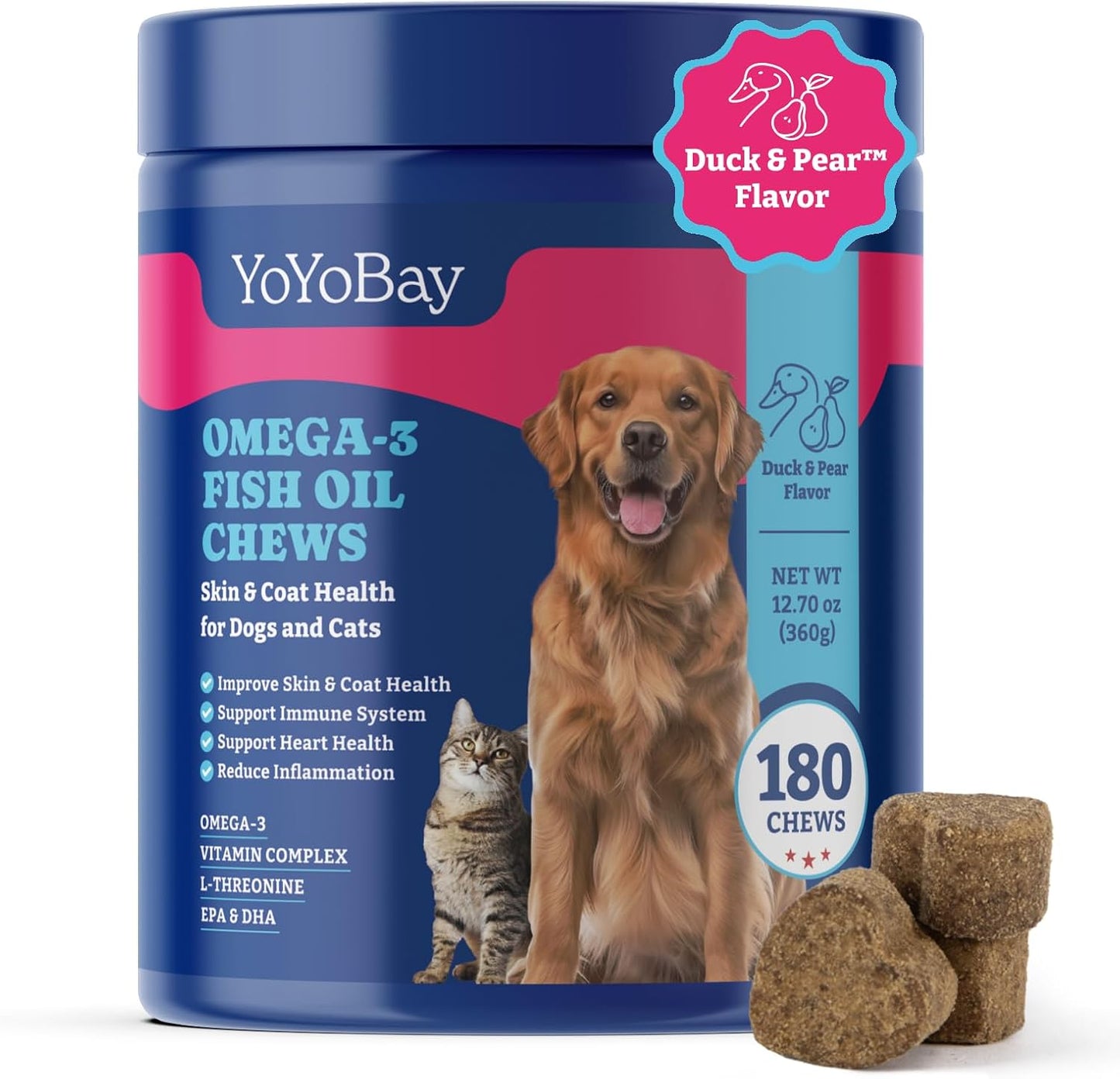 YoYoBay Fish Oil Chews for Dogs & Cats, Omega 3 Fish Oil for Dogs - Rich in Omega 3, 6, and 9 with Flaxseed Oil, EPA & DHA - 180 Soft Chews, Duck & Pear Flavour - görsel 1
