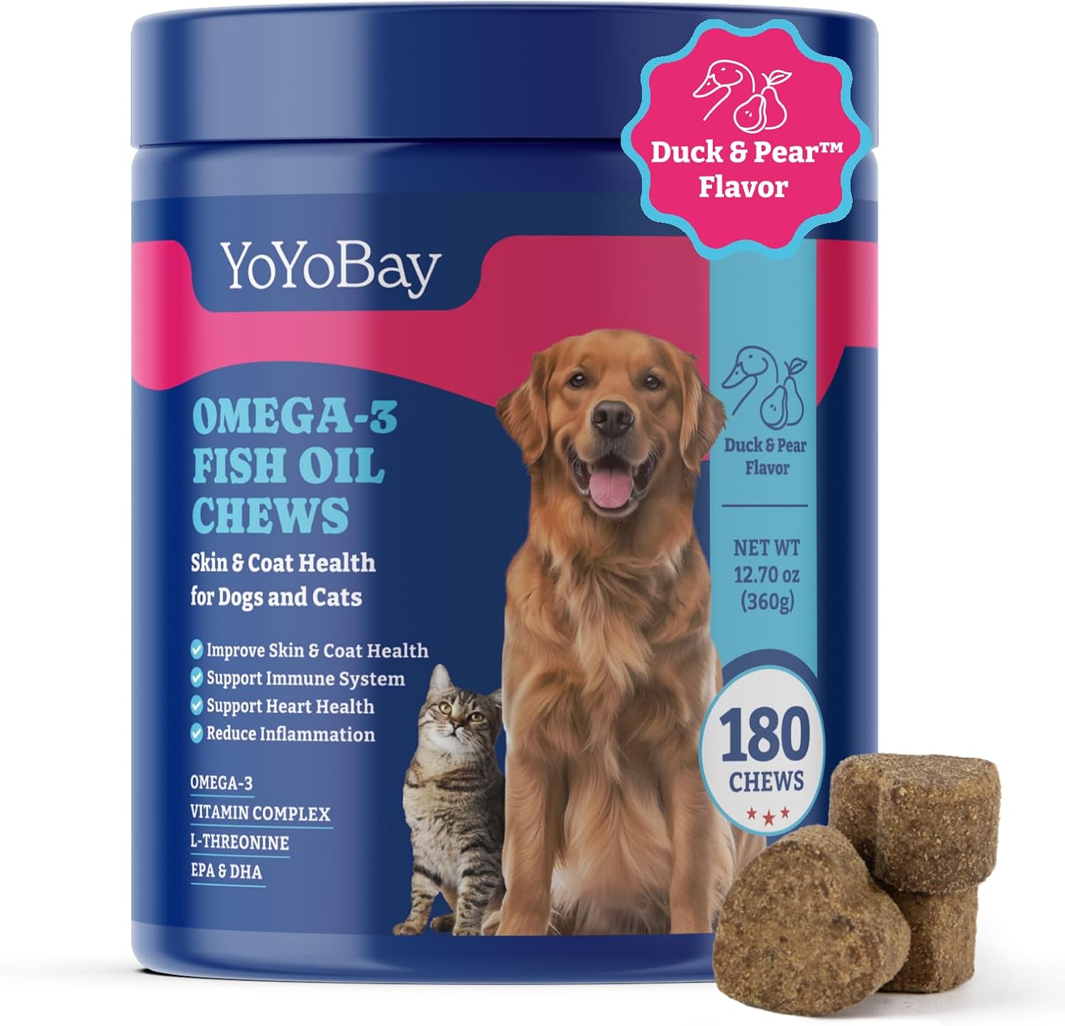 YoYoBay Fish Oil Chews for Dogs & Cats, Omega 3 Fish Oil for Dogs - Rich in Omega 3, 6, and 9 with Flaxseed Oil, EPA & DHA - 180 Soft Chews, Duck & Pear Flavour - görsel 1