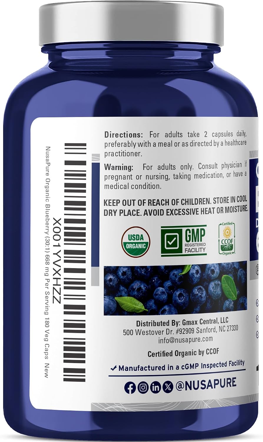 NusaPure Organic Blueberry Capsules, 668 mg, 180 Vegan Capsules - görsel 3