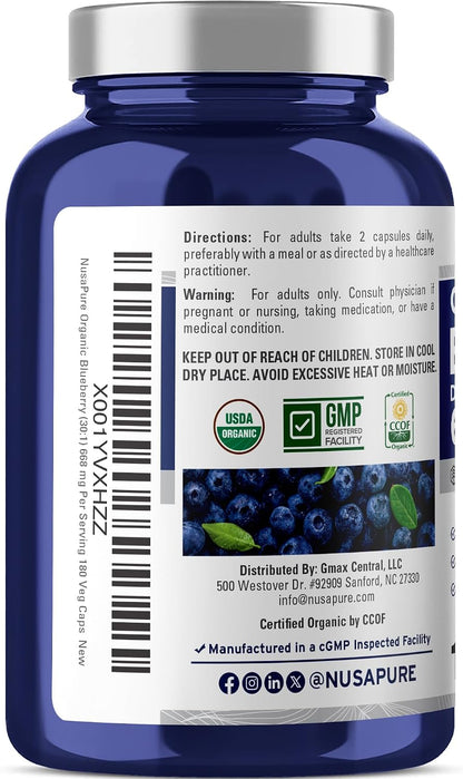 NusaPure Organic Blueberry Capsules, 668 mg, 180 Vegan Capsules