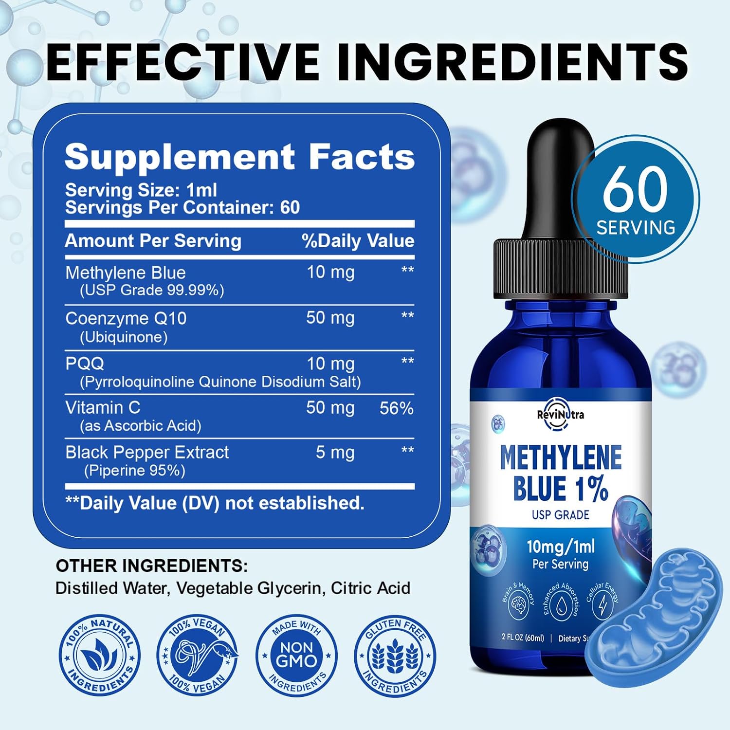 ReviNutra Methylene Blue Drops, USP Grade 1% with PQQ, CoQ10, Vitamin C & Piperine, 59 mL - görsel 8
