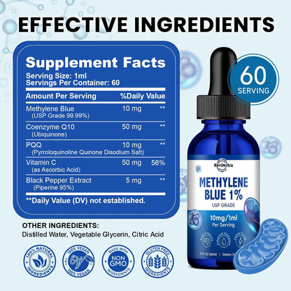 ReviNutra Methylene Blue Drops, USP Grade 1% with PQQ, CoQ10, Vitamin C & Piperine, 59 mL