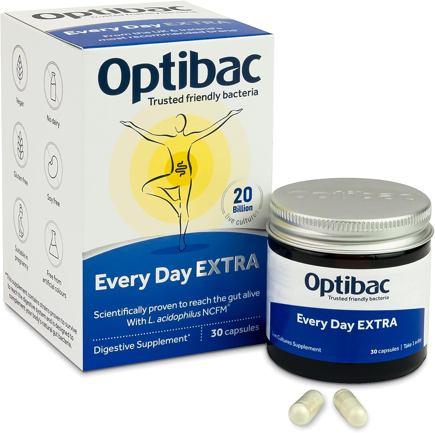 OptiBac Probiotics Every Day Extra 30 Capsules | High Strength Digestive Probiotics with 20 Billion CFU | Vegan Supplement with Lactobacillus Acidophilus NCFM | for Everyday Digestive Health - görsel 1