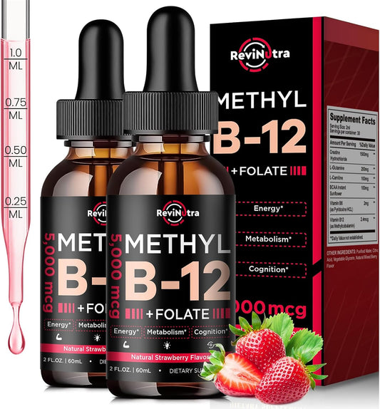 (2 Pack) Vitamin B12 Liquid Drops - 5000 mcg – Energy Production: B12 helps convert food into glucose, giving you – Image 1