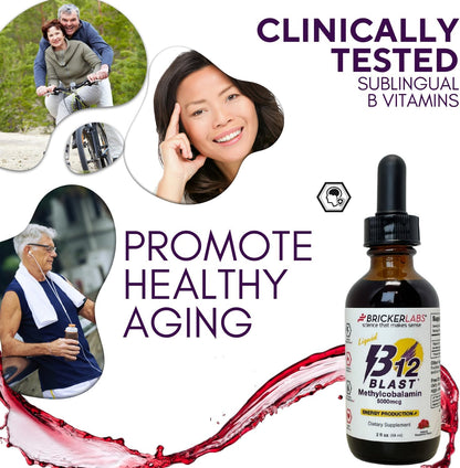 Bricker Labs B12 Blast Methylcobalamin 5000mcg Sublingual Liquid - Vegan B12 Energy Support