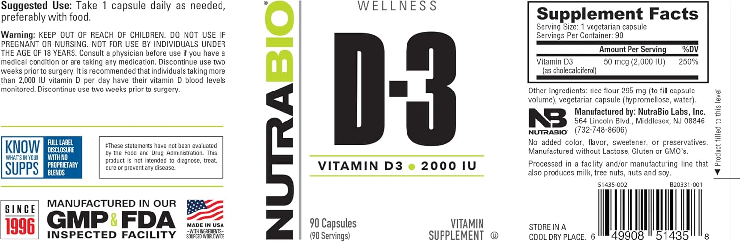 NutraBio Vitamin D (2000 IU), Immune Support - 90 Vegetable Capsules - görsel 3