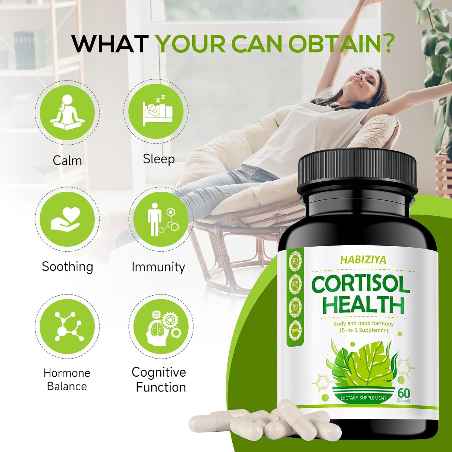 HABIZIYA Cortisol Support Supplement – 15-in-1 Hormone Balance with Magnesium Glycinate, Ashwagandha, L-Theanine – 60 Capsules - görsel 3