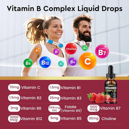 CFILIHTC Vitamin B Complex Liquid Drops - B1, B2, B3, B5, B6, B7, B9, Methyl B12 5000mcg - Strawberry Flavour - Vegan – Image 3