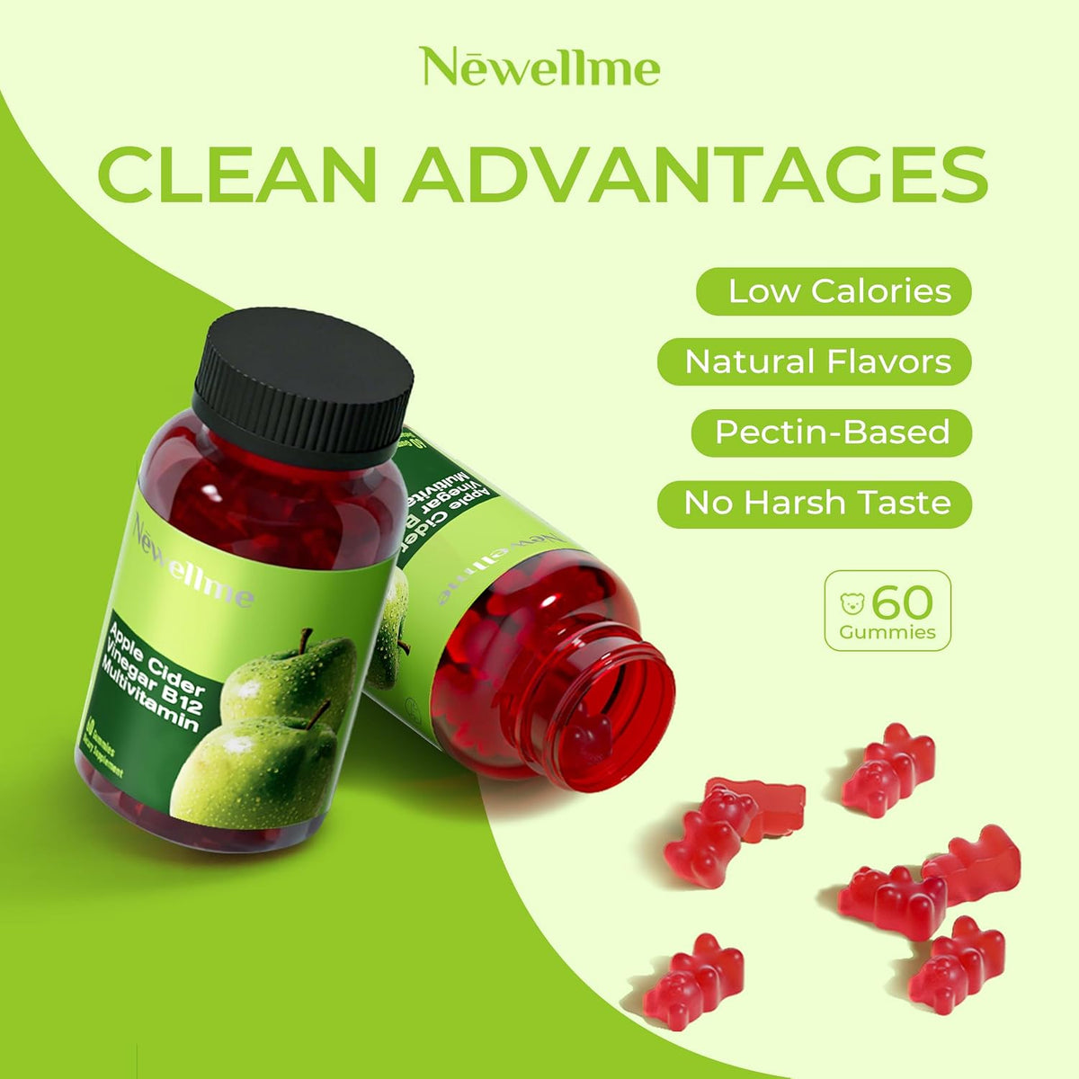 NEWELLME ACV Gummies with The Mother & B12 – Sugar-free, Great-Tasting Vegan Gummies for Digestion, Metabolism & Daily – Image 3