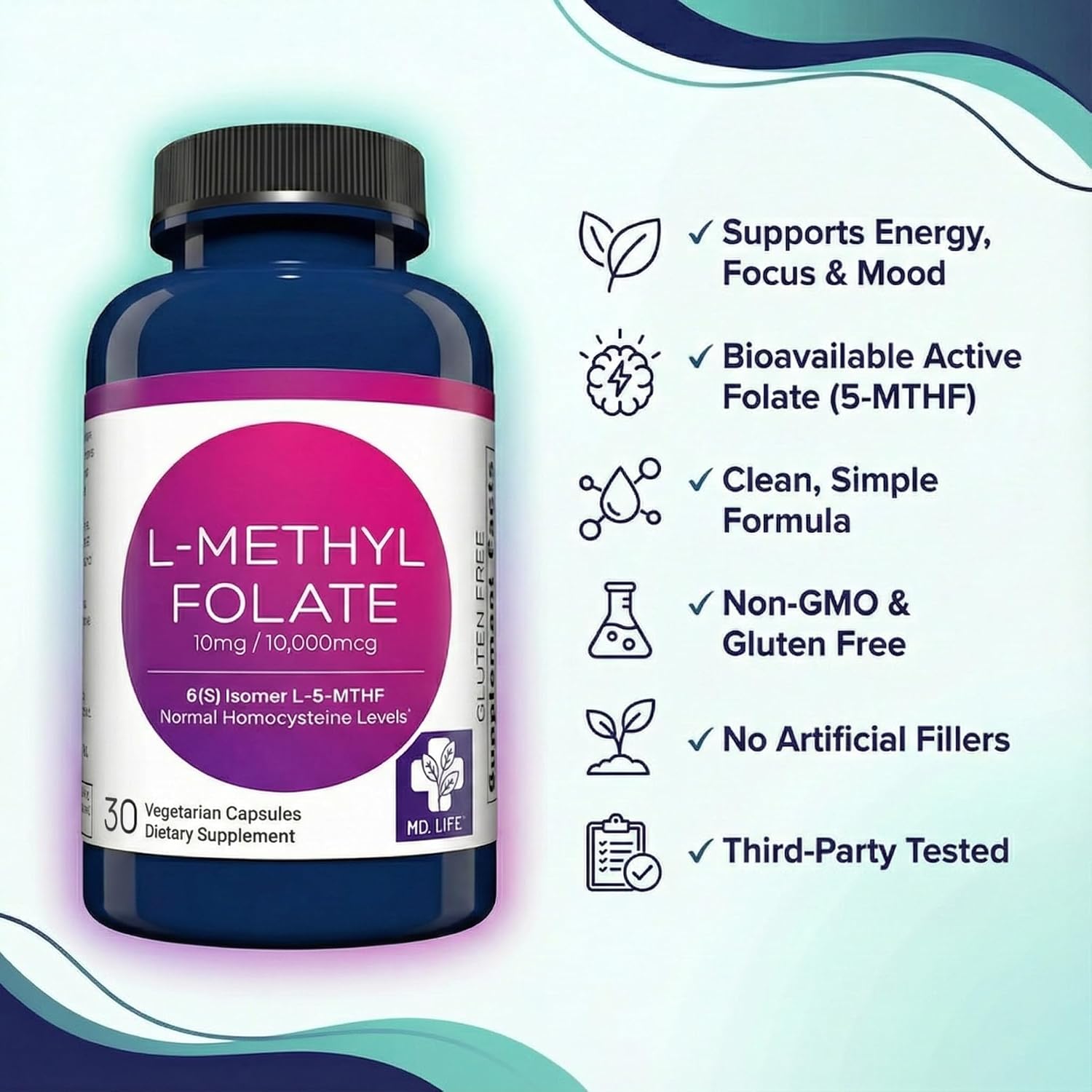 MD Life L-Methylfolate 10 mg Supplement - Active Folate - 30 Capsules - görsel 7
