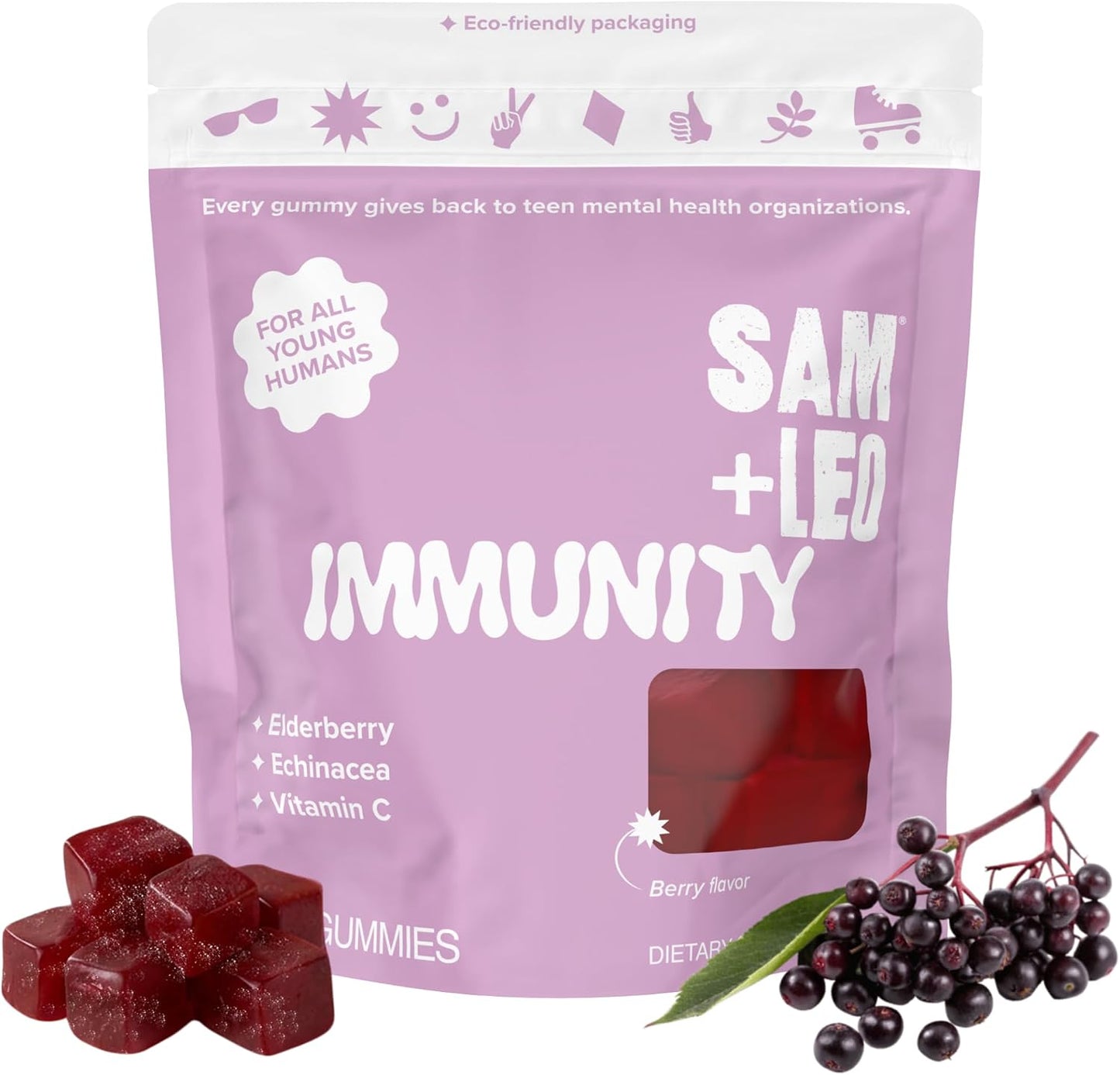 SAM+LEO Immunity Gummies with Elderberry, Echinacea, Zinc & Vitamin C – Kids Immune Support – Berry Flavour (60 Count) - görsel 1
