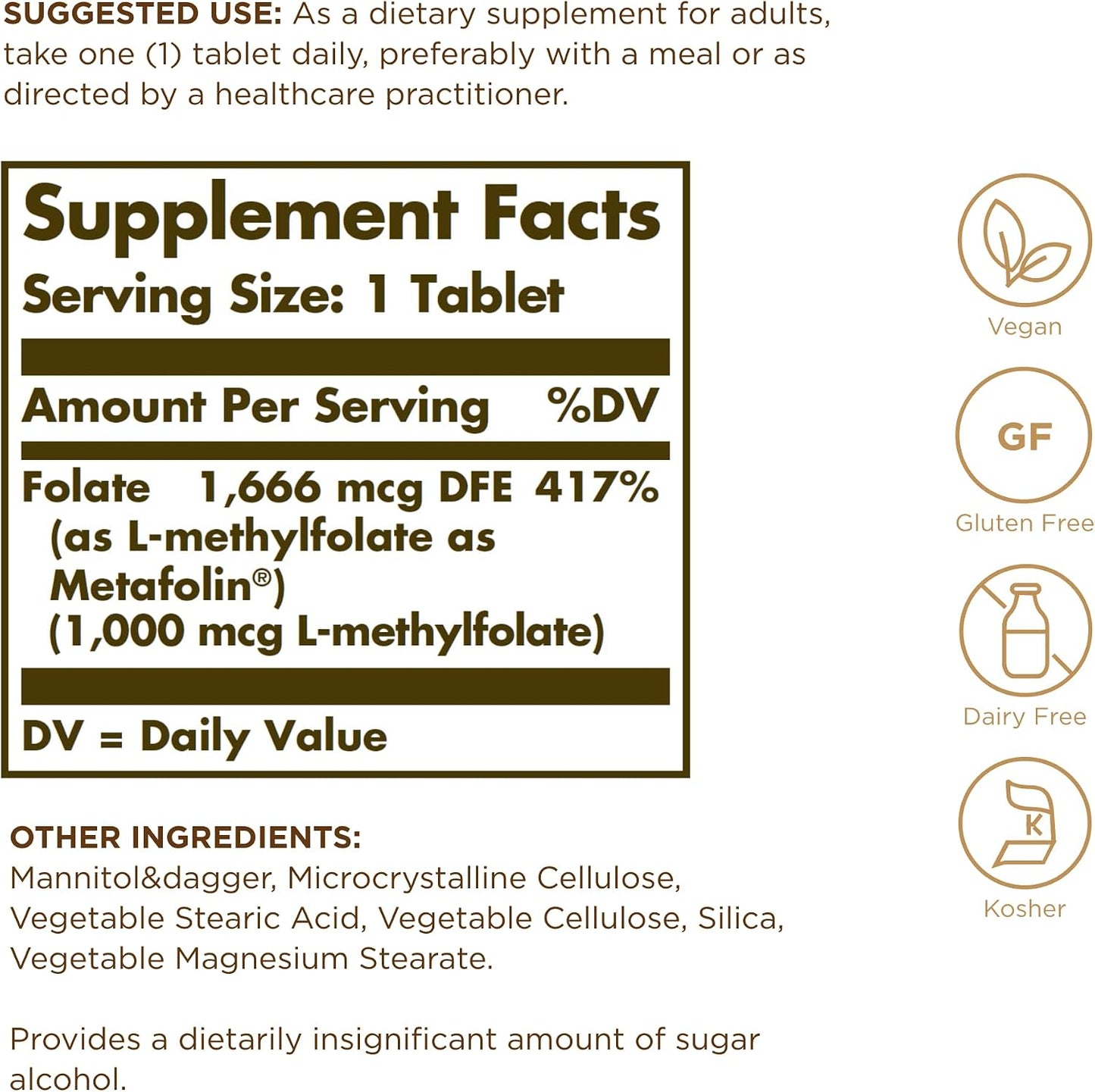 Solgar Folate 1000 mcg - 120 Tablets - 1000 mcg Bio-Active Metafolin - Vegan, Gluten free, Dairy-free, Kosher - 120 Servings - görsel 2