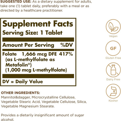 Solgar Folate 1000 mcg - 120 Tablets - 1000 mcg Bio-Active Metafolin - Vegan, Gluten free, Dairy-free, Kosher - 120 Servings
