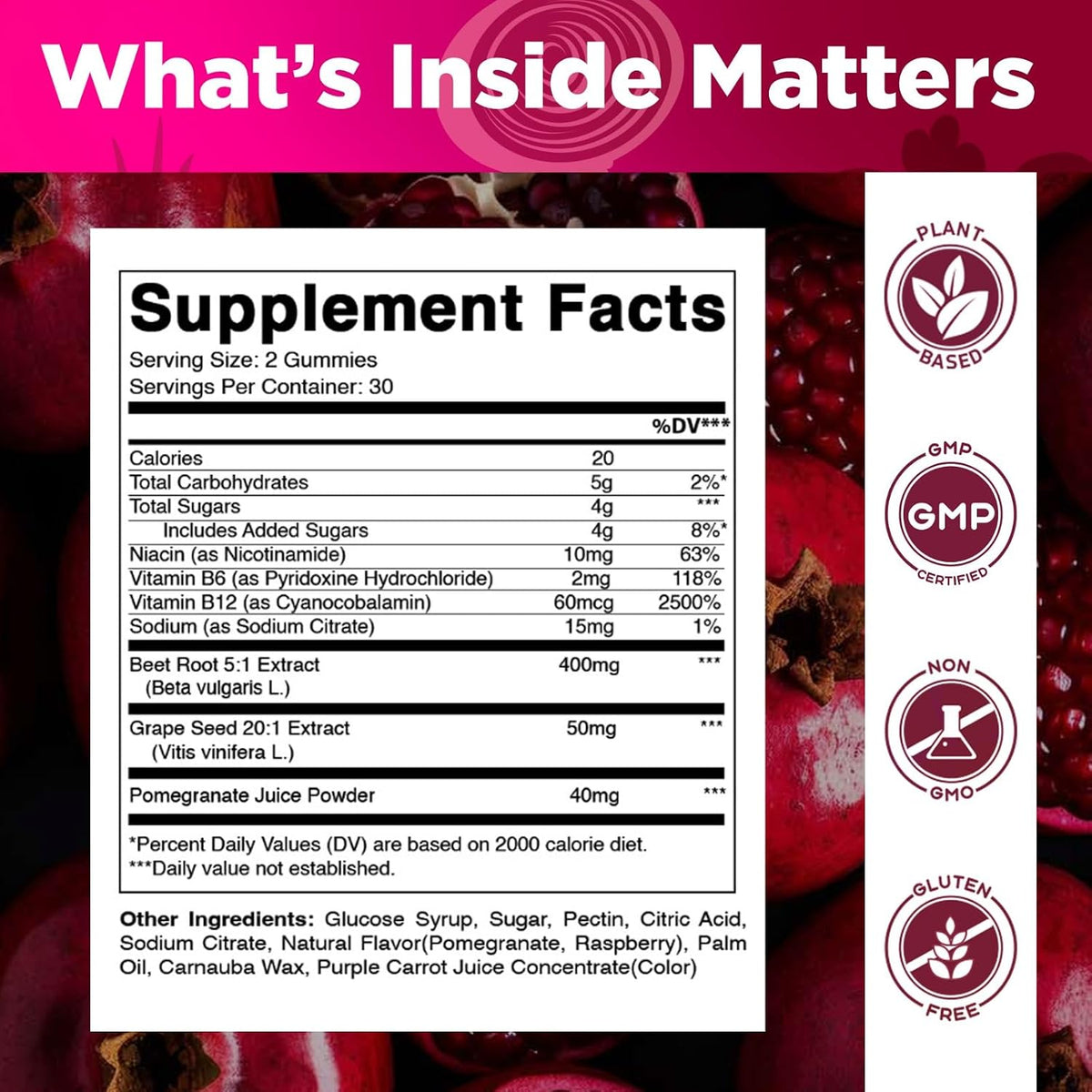 Vitamatic Beetroot Gummies with B6, B12, Grape Seed, Pomegranate & Nicotinamide - Vegan, Non-GM, 60 Count – Image 2