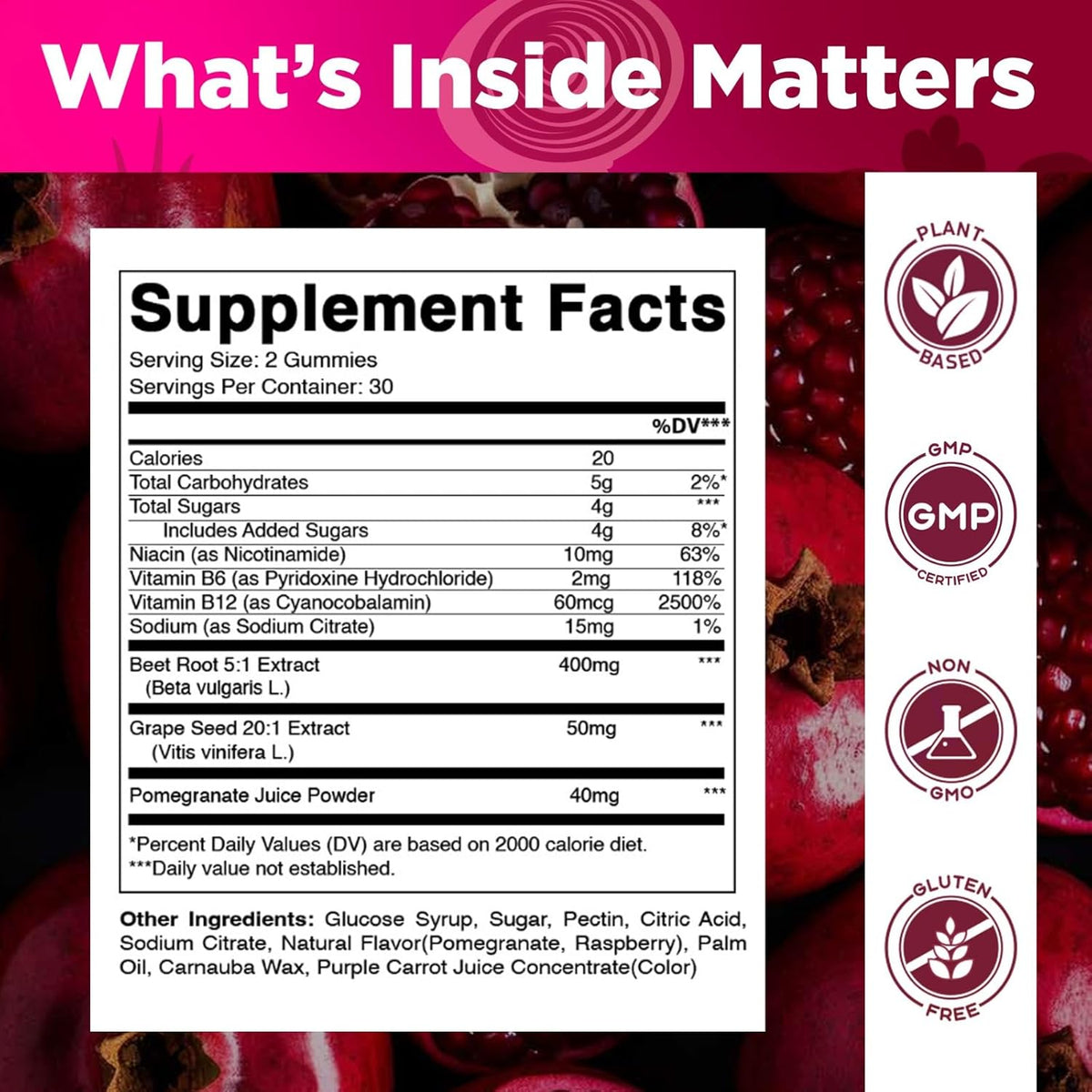 Vitamatic Beet Root Gummies with B6, B12, Grape Seed, Pomegranate & Niacin – Plant-Based Extract – Vegan, Non-GM – 120 Count – Image 2